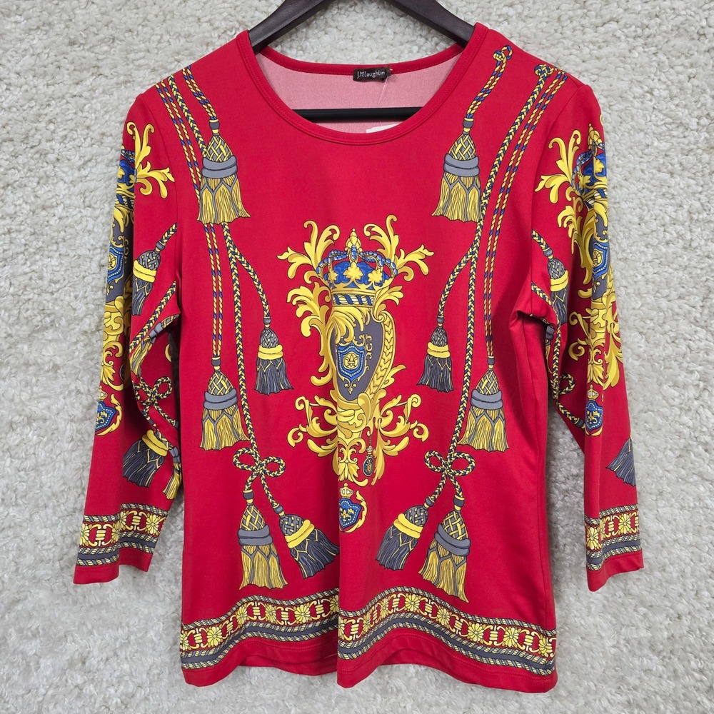 J.McLaughlin Signature Tee Womens Large Red Gold Eastbury Crest Tassel Preppy